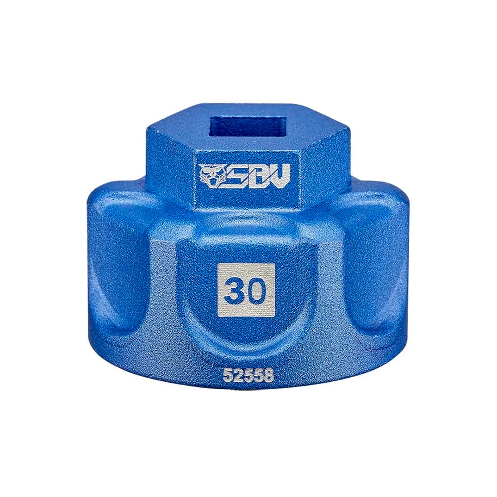 Blauwe aluminium dop van 30 mm, zijaanzicht met maatopdruk