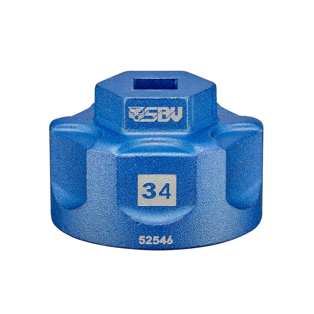 Blauwe aluminium dop van 34 mm, zijaanzicht met maatopdruk
