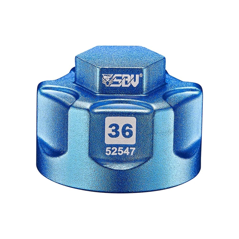 Blauwe aluminium dop van 36 mm, zijaanzicht met maatopdruk