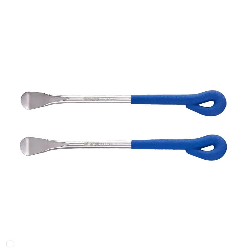 Twee rvs bandenlichters met blauwe rubberen greep