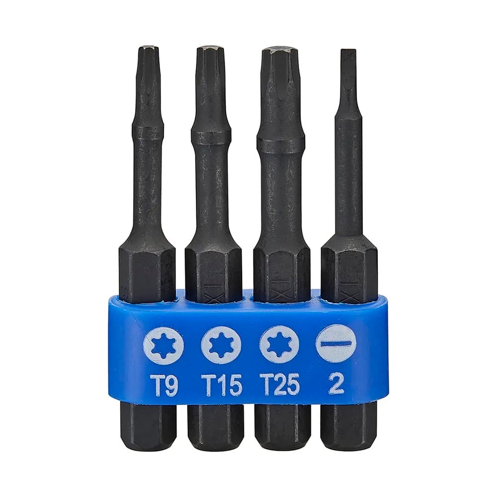 Vier lange bits T9, T15, T25 en sleuf 2 in een blauwe houder
